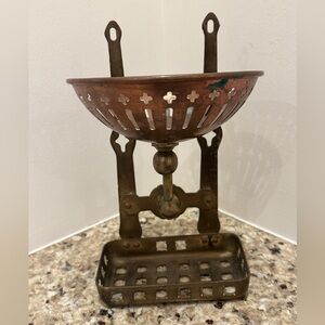 Antique Victorian copper and brass wall or tub-mounted soap and sponge holder.